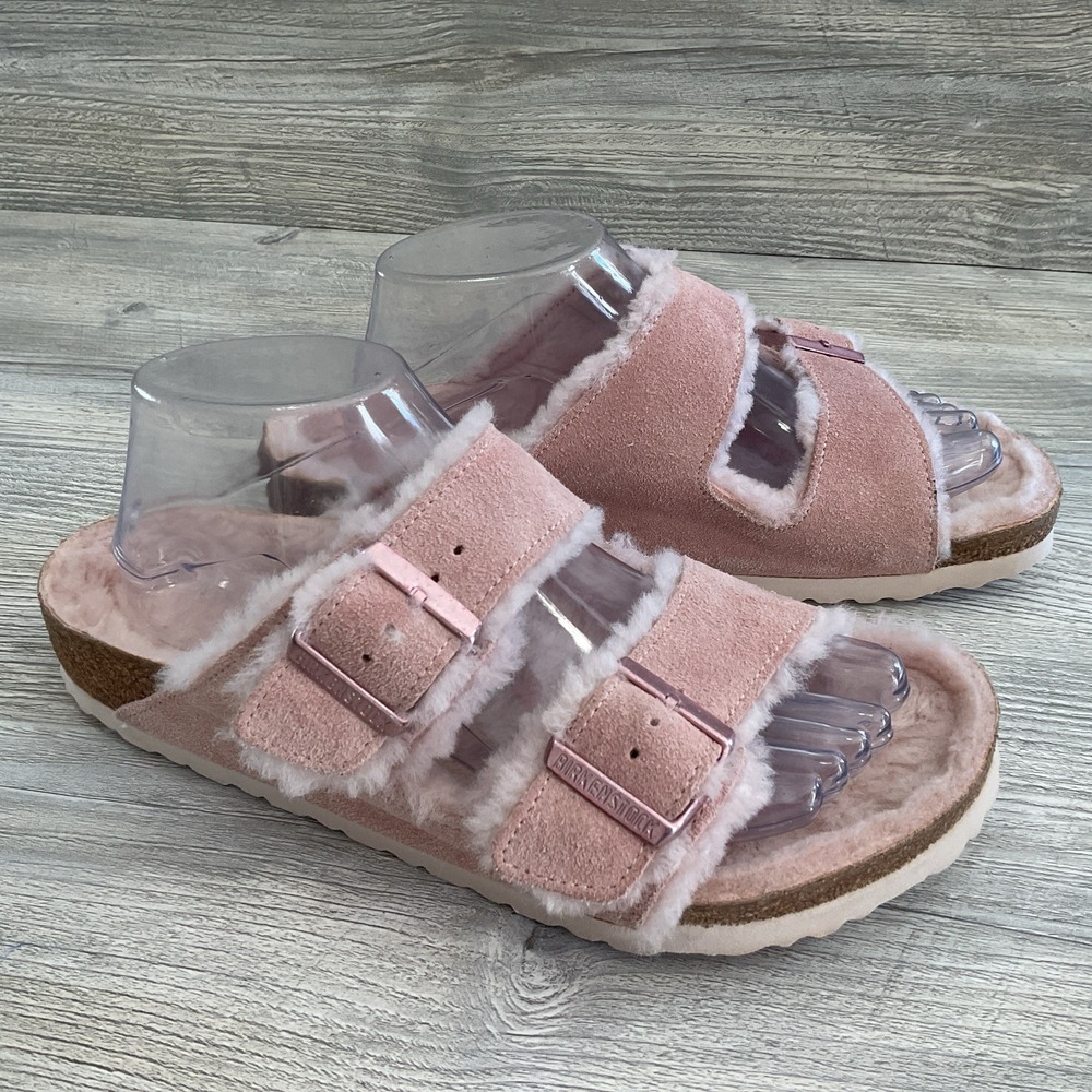 Birkenstock Arizona Fur Shearling Suede Sandals Womens Size 9 US 40 EU Nude Rose